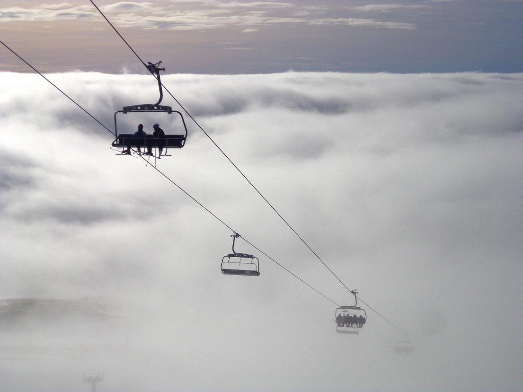 to ski, nature, slovenia, fog, chairlift, sunset, clouds, winter